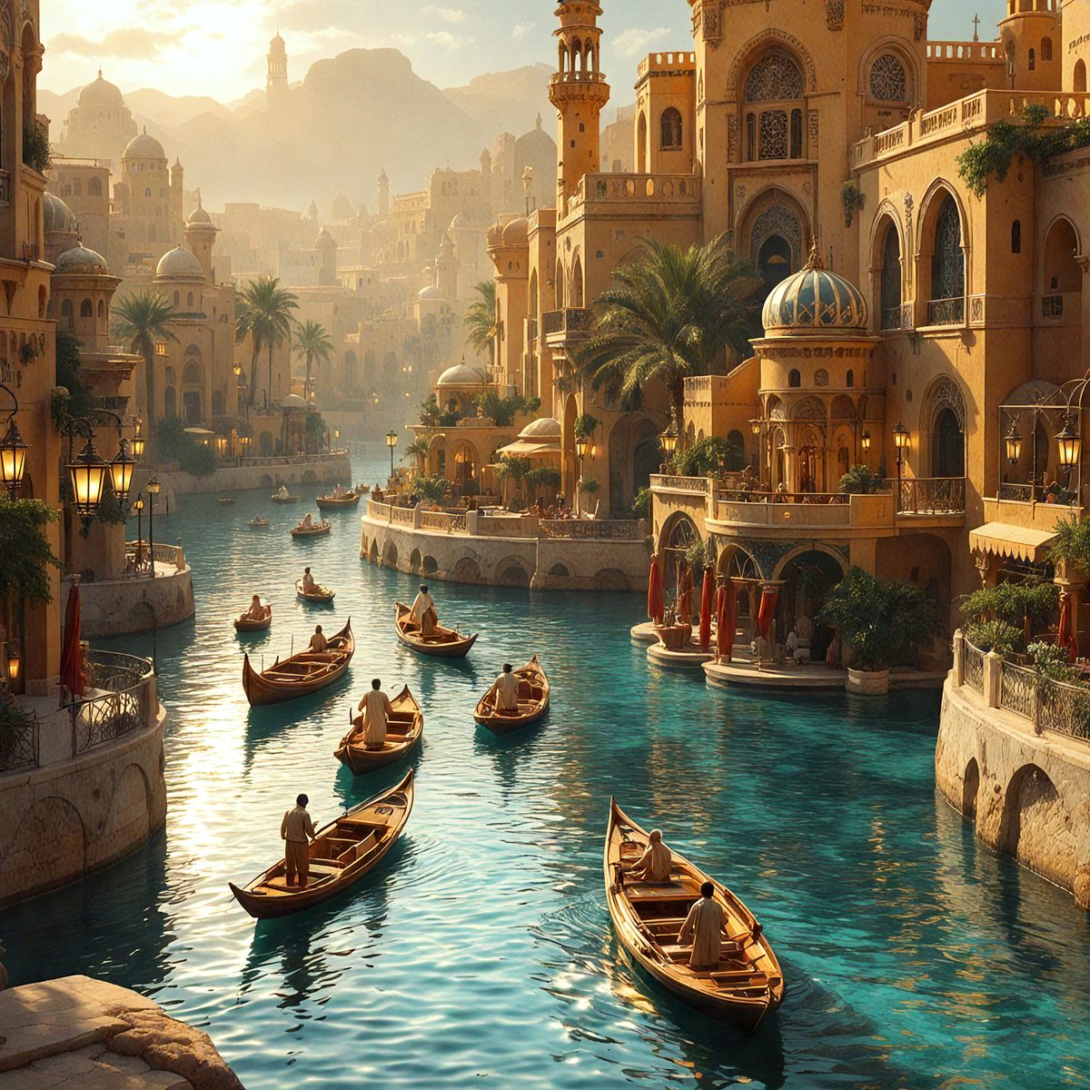 The primary subject of the image is a group of people riding in small boats on a river. The boats are floating down the river, and the people are enjoying their time on the water. The setting is a beautiful city with a mix of old and new architecture, creating a picturesque backdrop for the scene. The visual style of the image is a combination of photo and digital art, giving it a unique and artistic appearance. The colors and mood of the image are vibrant and lively, with the blue water and the city's architecture creating a sense of excitement and adventure.